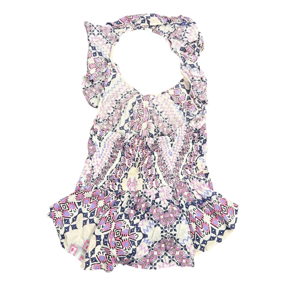 Express Women XS Geometric Boho Ruffle Halter Smocked Waist Peplum Top Purple